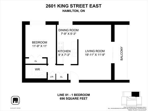 Floor plan for 1 bed, 1 bath, 731 sqft